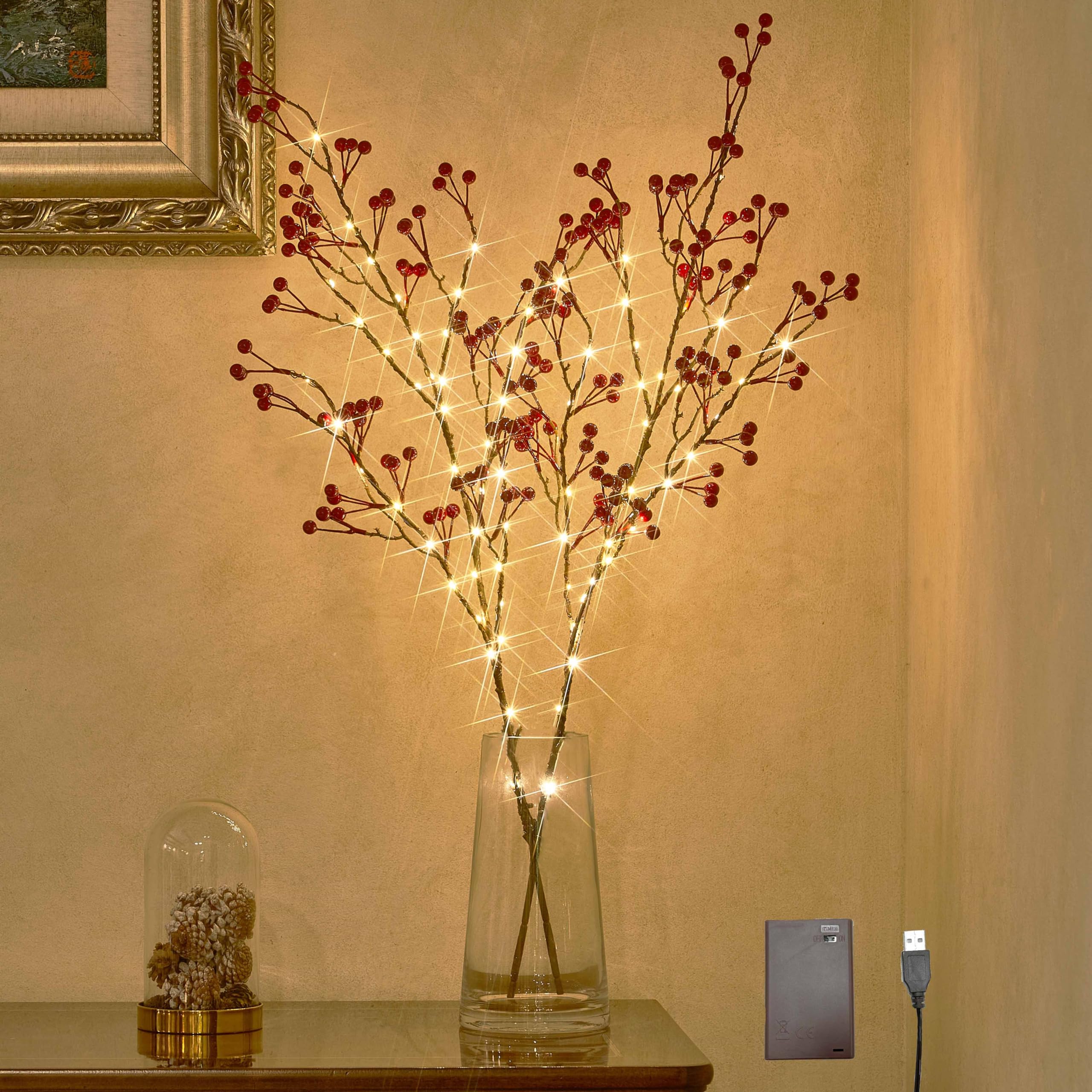  32IN Lighted Red Berry Branches 80 LED Fairy Lights with Timer