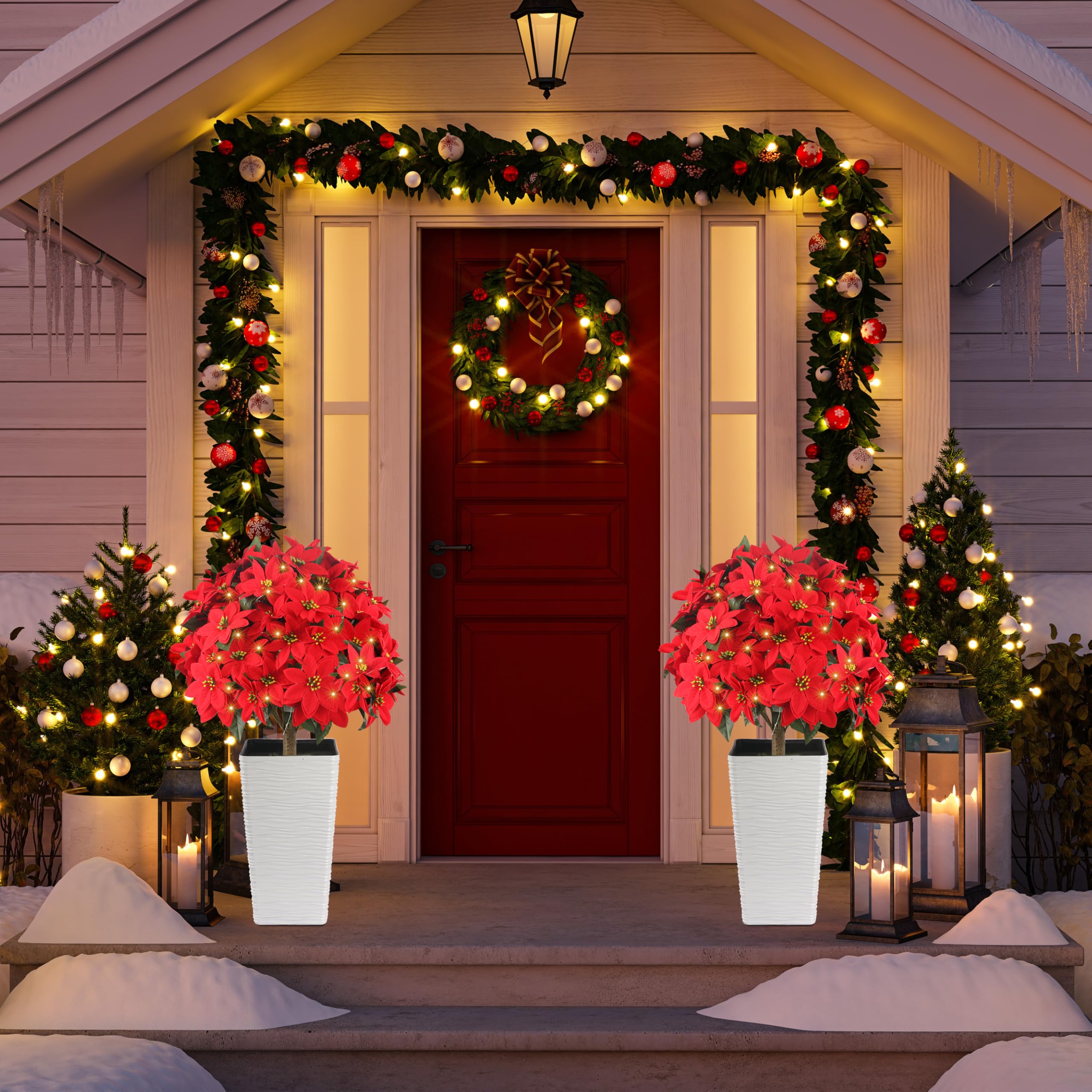 27" Artificial Poinsettia Topiary Trees with 100 LED Lights
