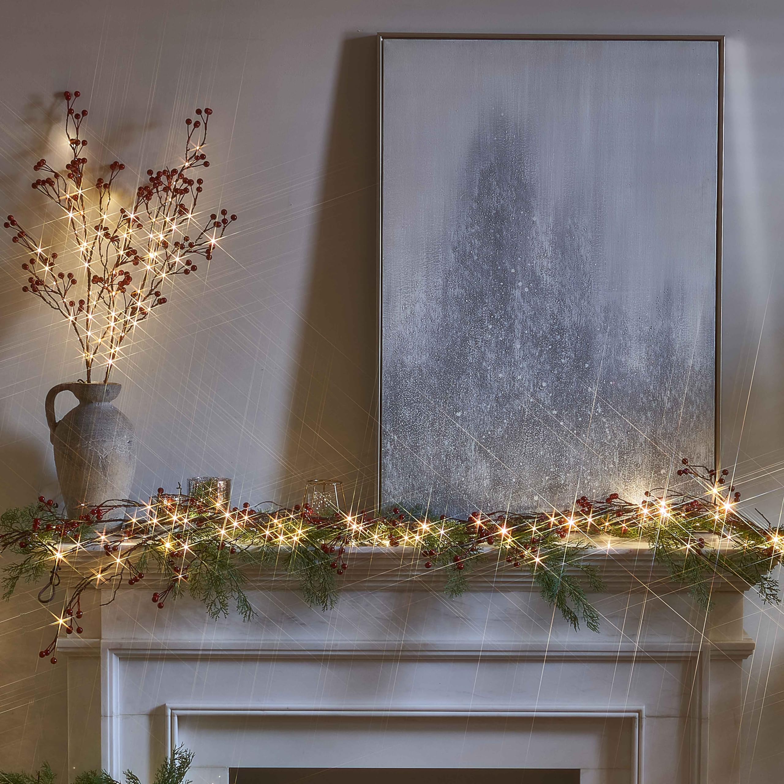  32IN Lighted Red Berry Branches 80 LED Fairy Lights with Timer