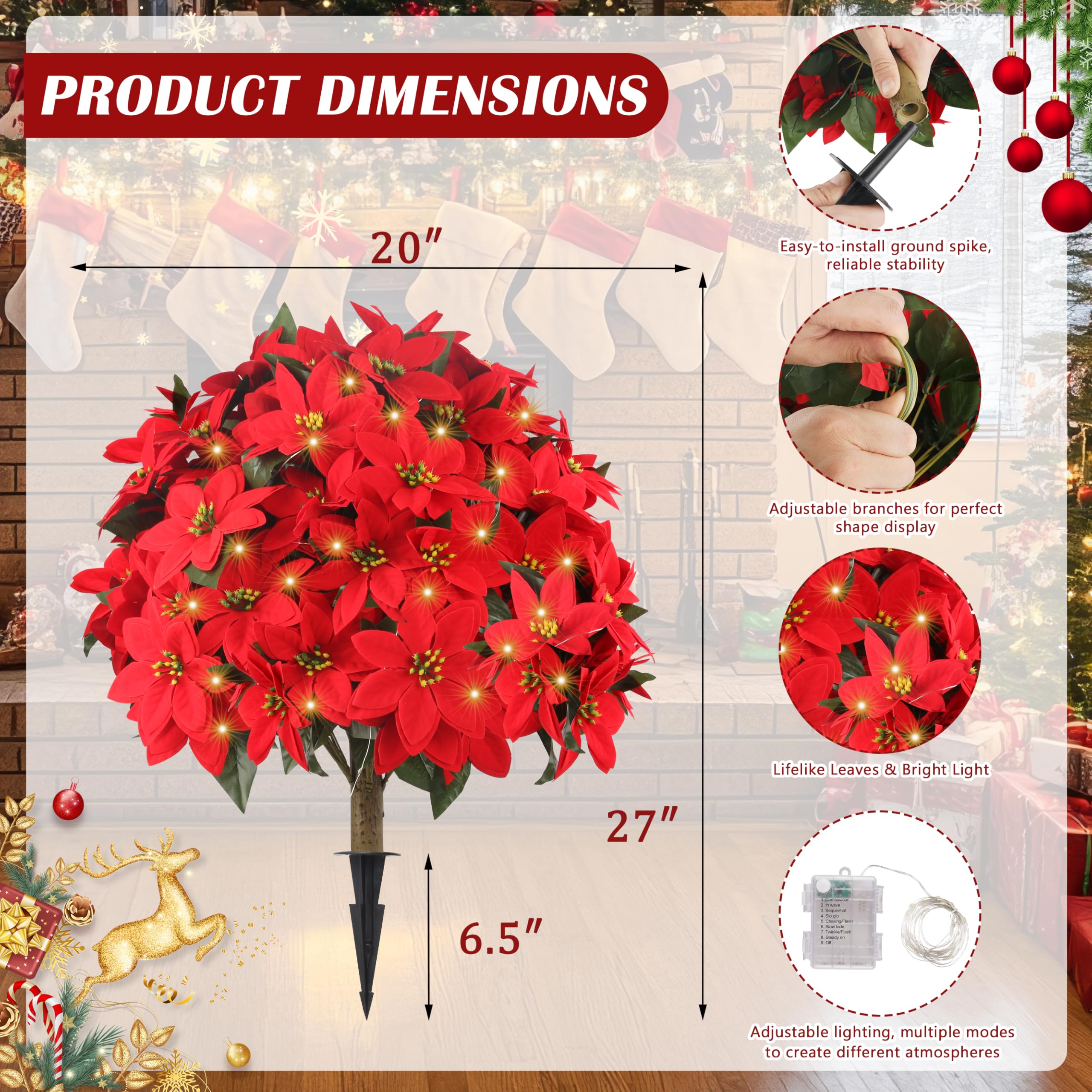 27" Artificial Poinsettia Topiary Trees with 100 LED Lights