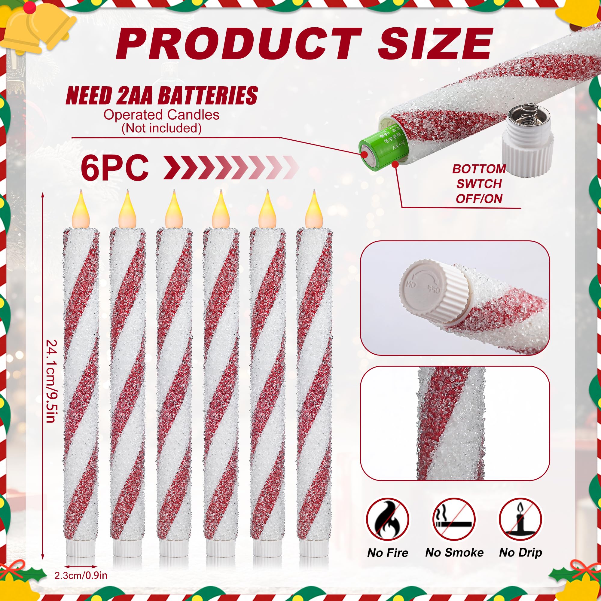 6 Pack Christmas Candy Cane Flameless Flickering Taper Candles with Remote Control