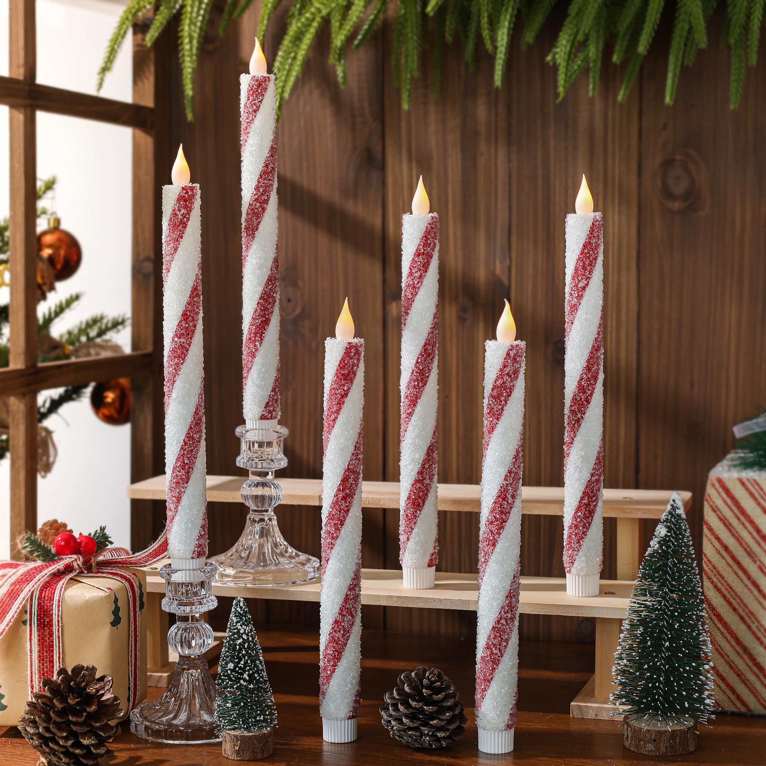 6 Pack Christmas Candy Cane Flameless Flickering Taper Candles with Remote Control