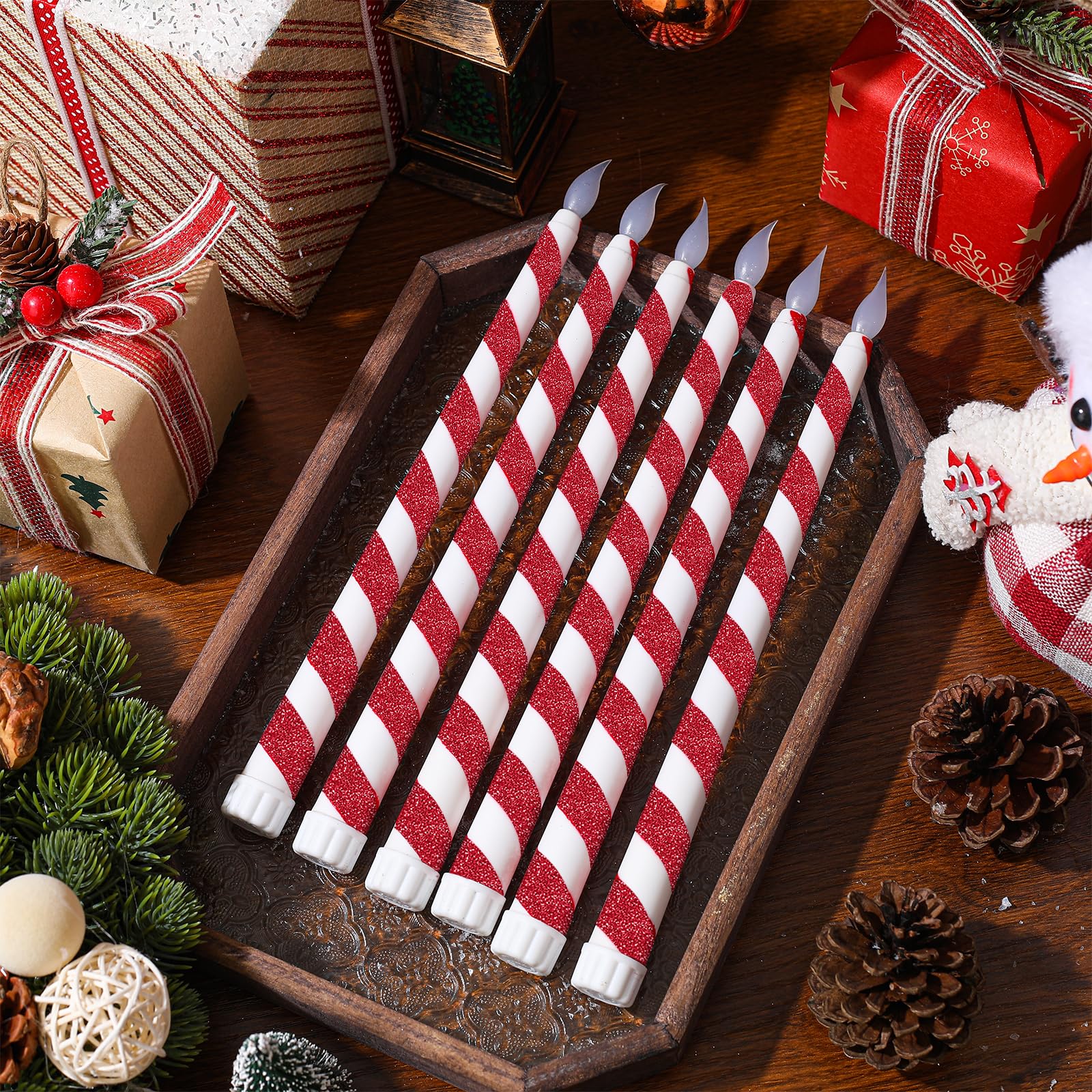 6PCS Christmas Candy Cane Flameless Flickering Taper Candles