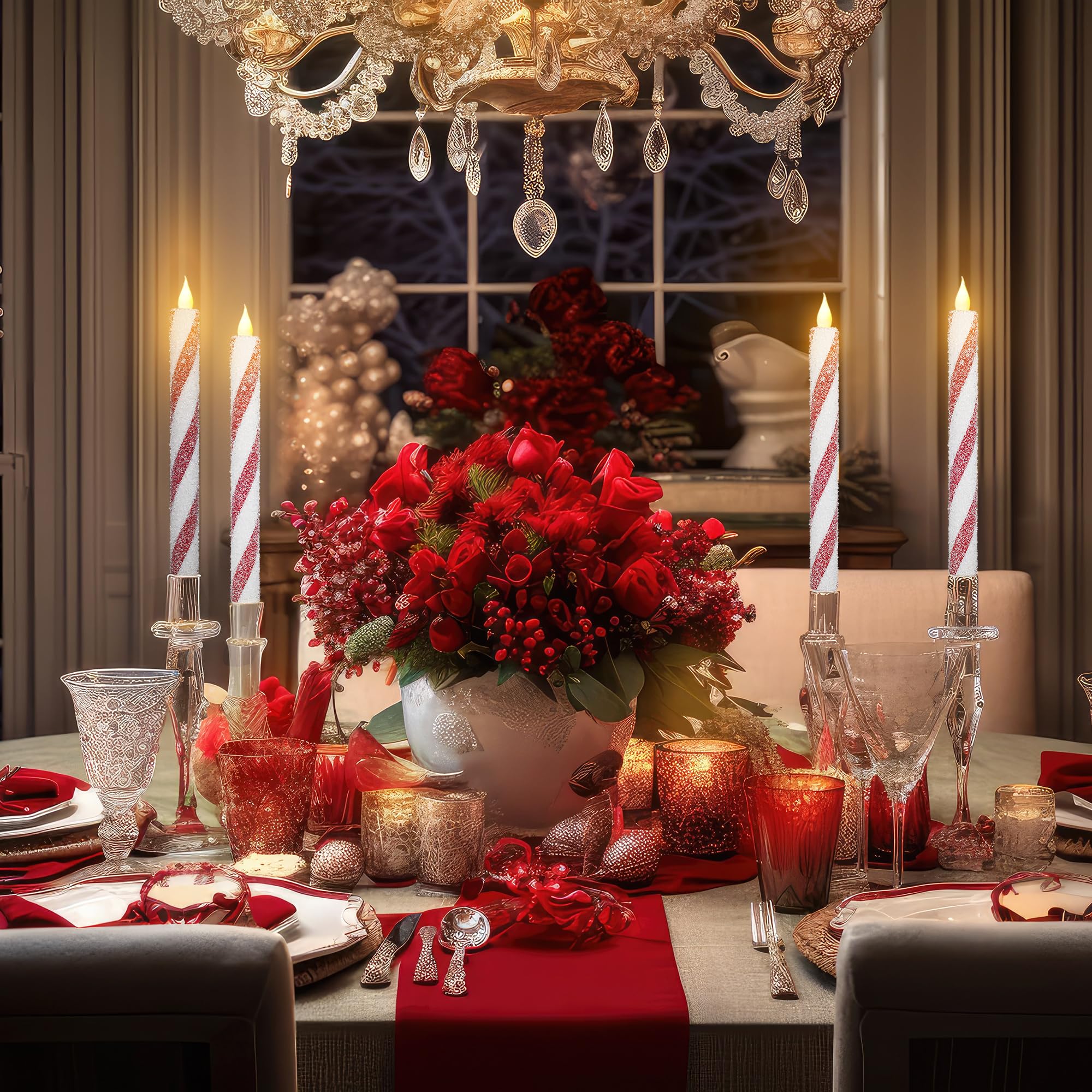 6 Pack Christmas Candy Cane Flameless Flickering Taper Candles with Remote Control