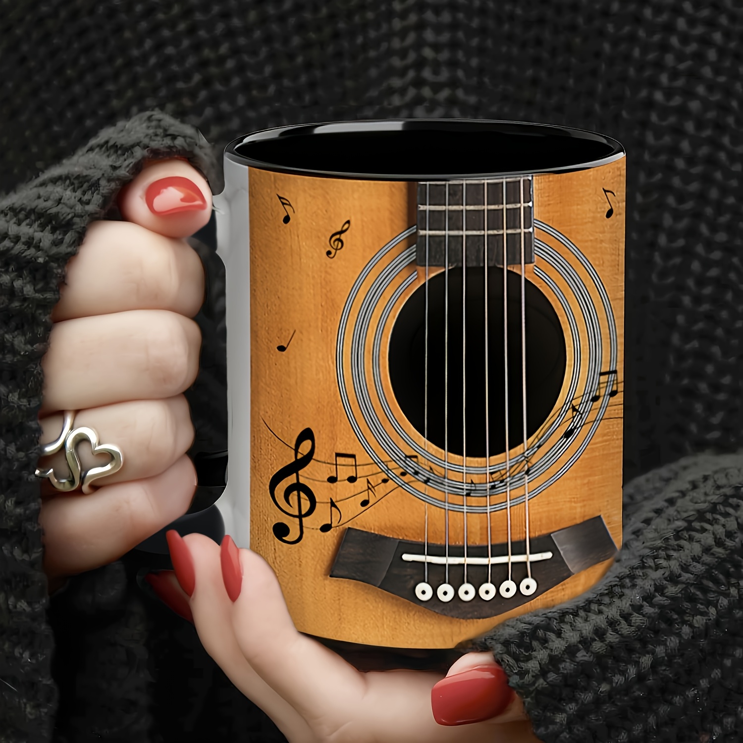 11oz Ceramic Guitar Coffee Mug with Music Notes & Artistic Accents