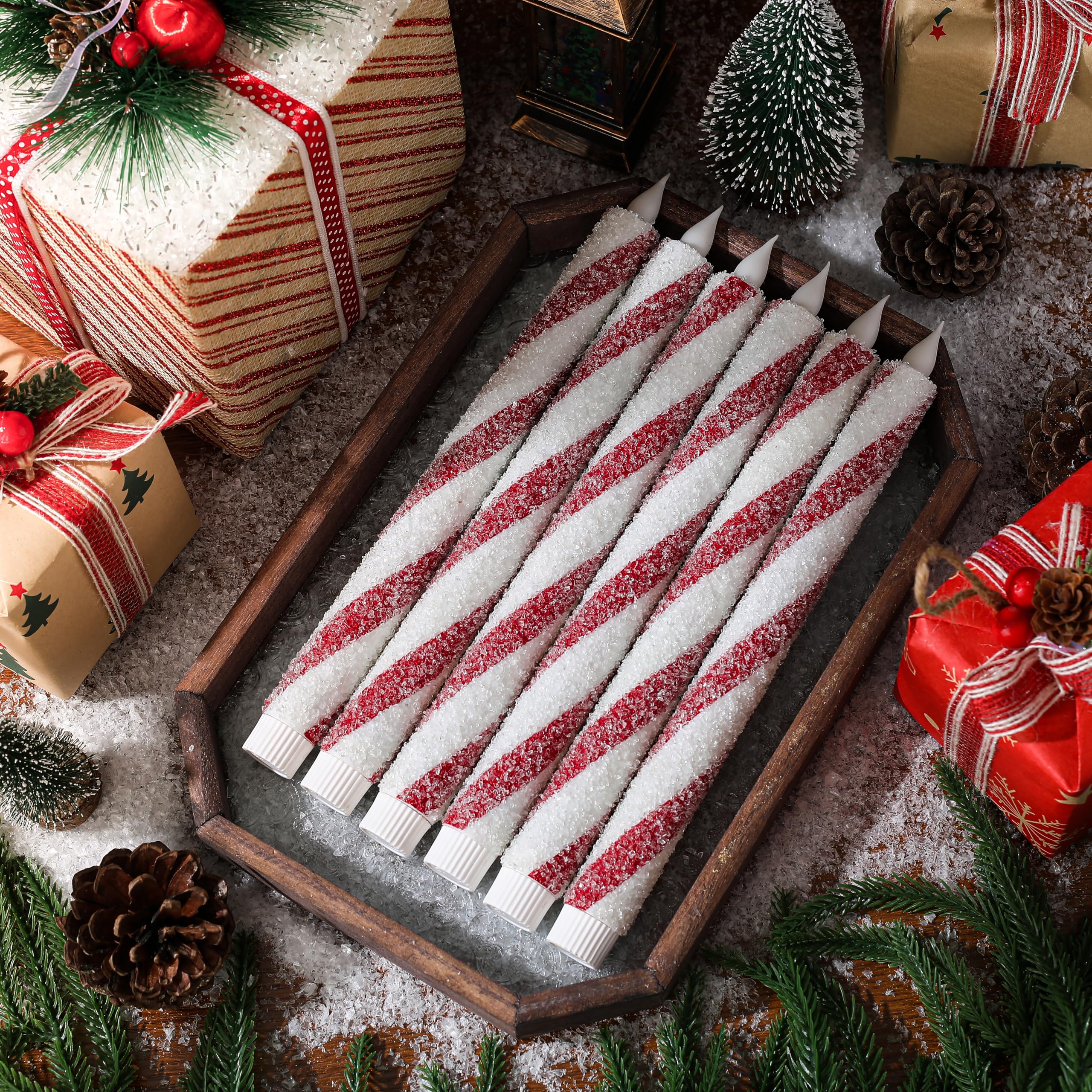 6 Pack Christmas Candy Cane Flameless Flickering Taper Candles with Remote Control