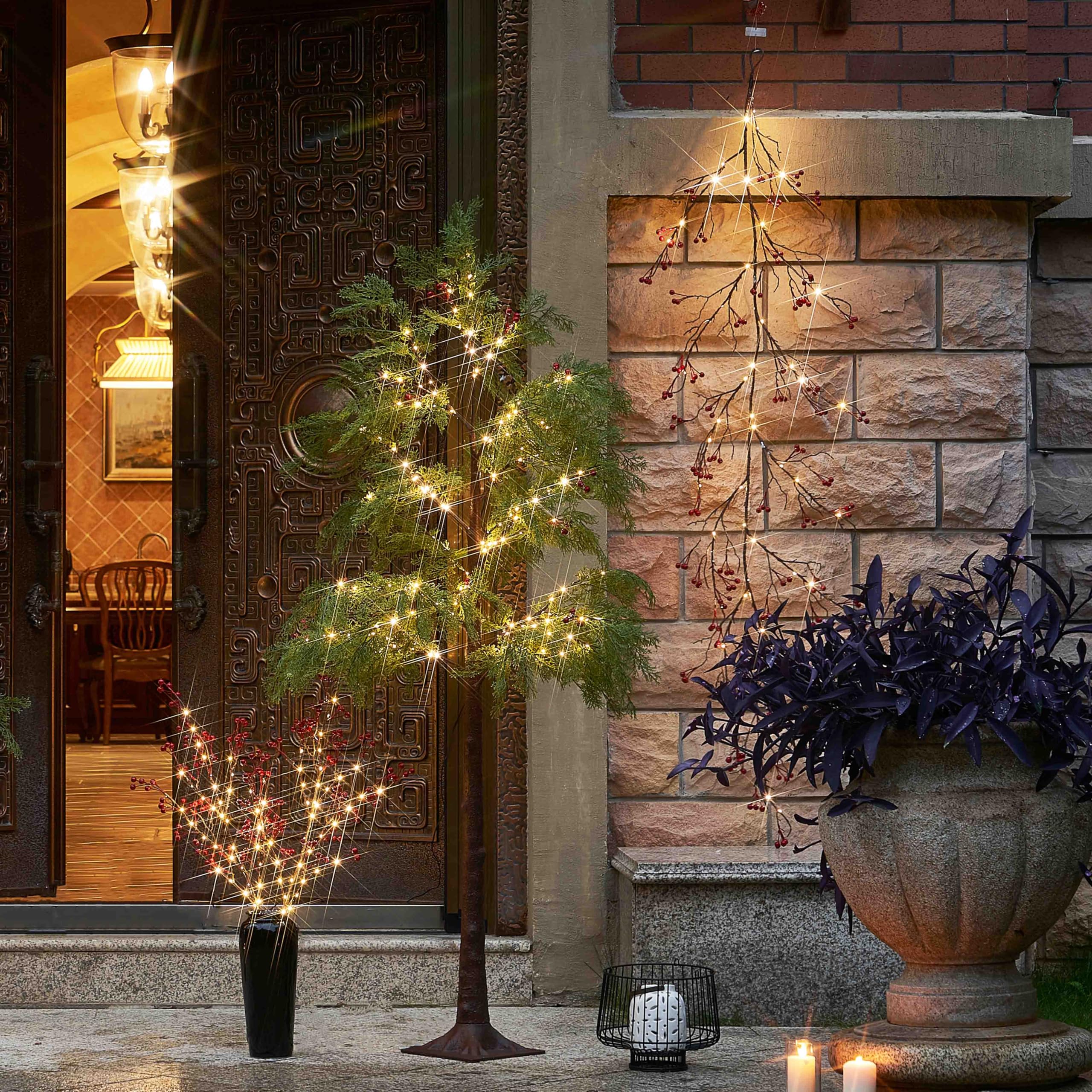  32IN Lighted Red Berry Branches 80 LED Fairy Lights with Timer