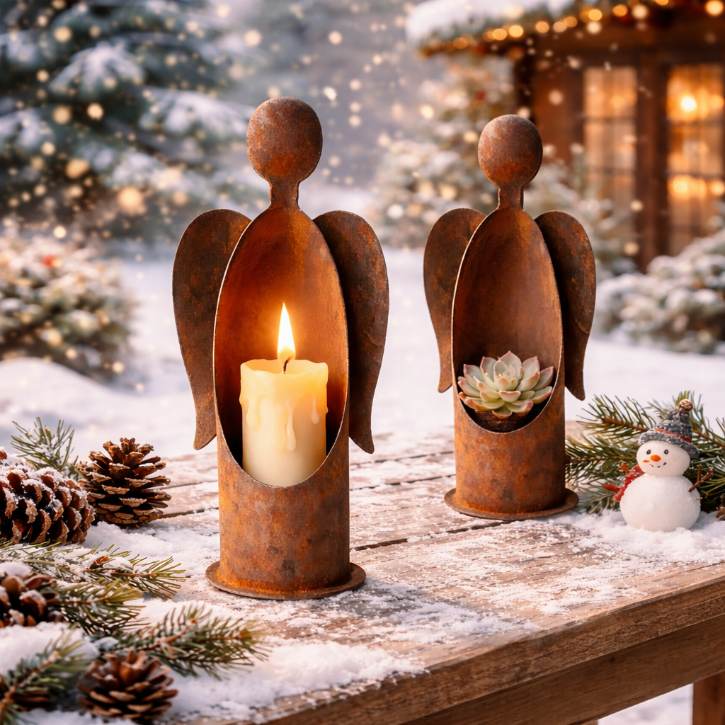Rustic Metal Angel Garden Candle Holder and Plant Holder