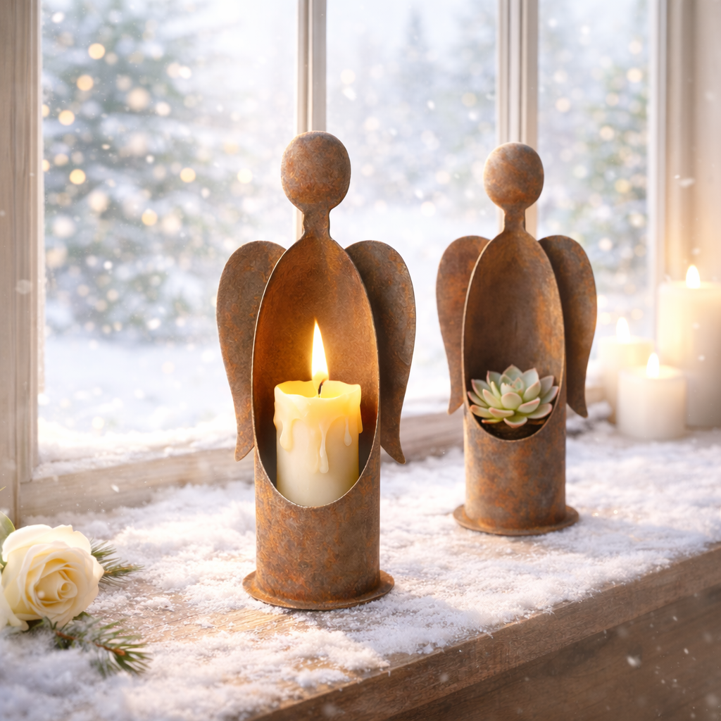 Rustic Metal Angel Garden Candle Holder and Plant Holder