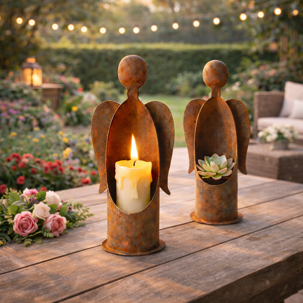 Rustic Metal Angel Garden Candle Holder and Plant Holder