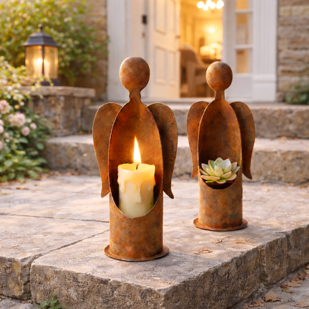 Rustic Metal Angel Garden Candle Holder and Plant Holder