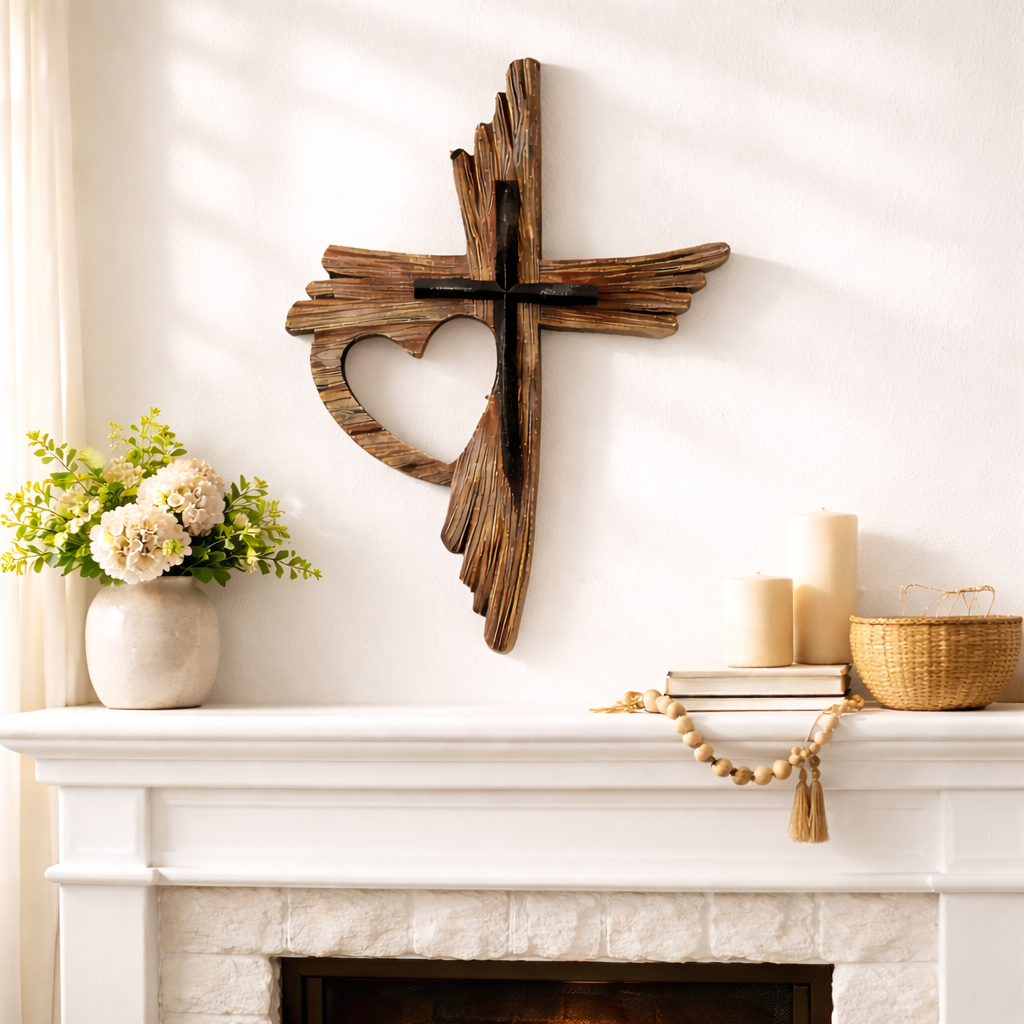 Wooden Cross Wall Decor with Heart