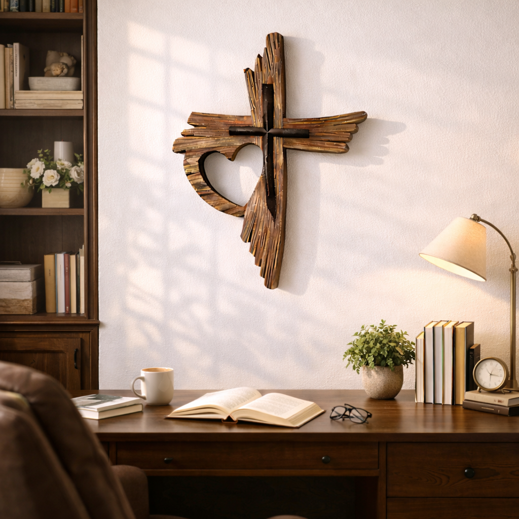 Wooden Cross Wall Decor with Heart