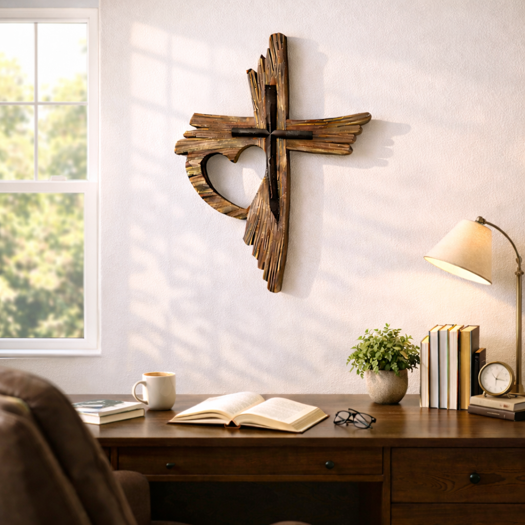 Wooden Cross Wall Decor with Heart