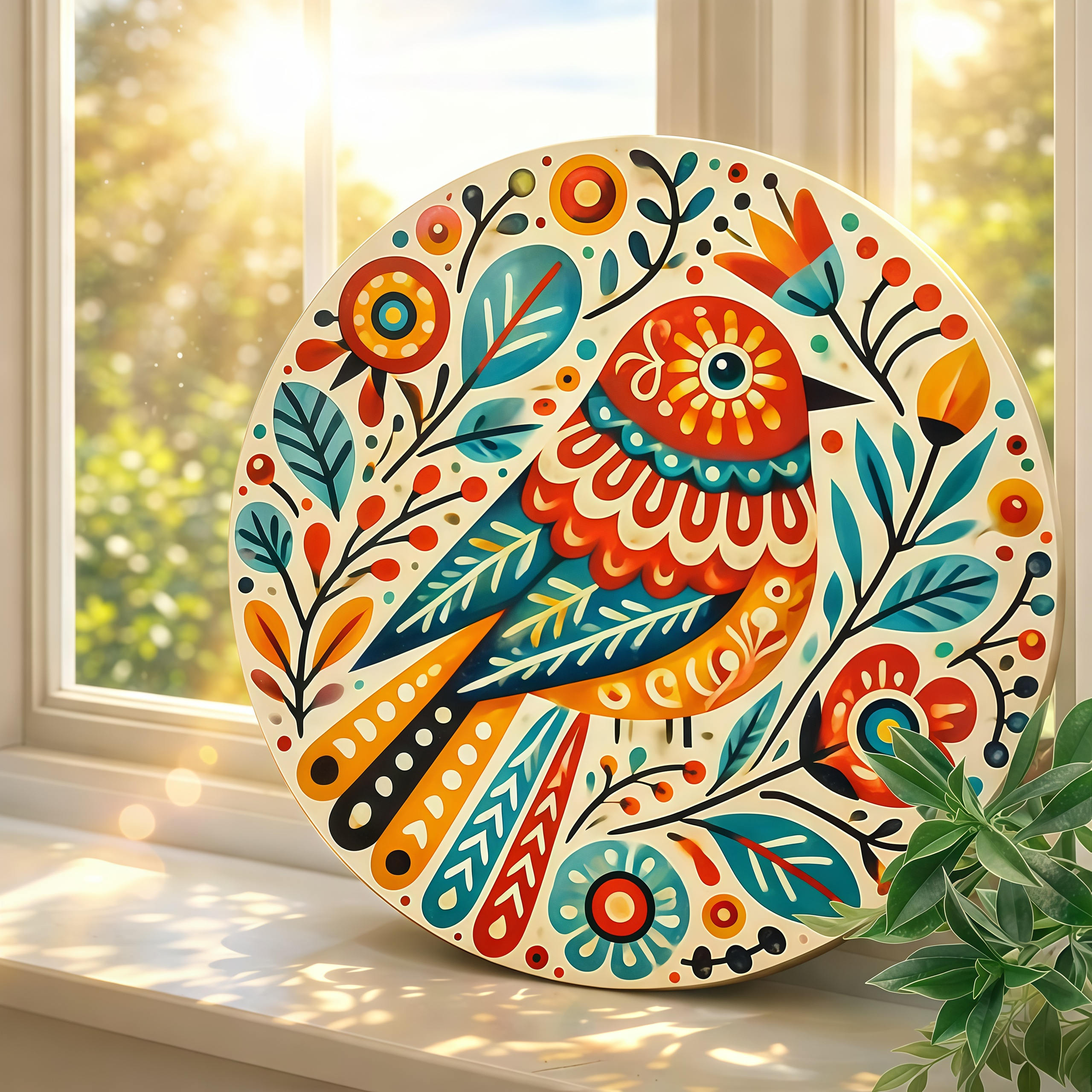 Folk Art Colorful Bird Round Hanging Wall Decor