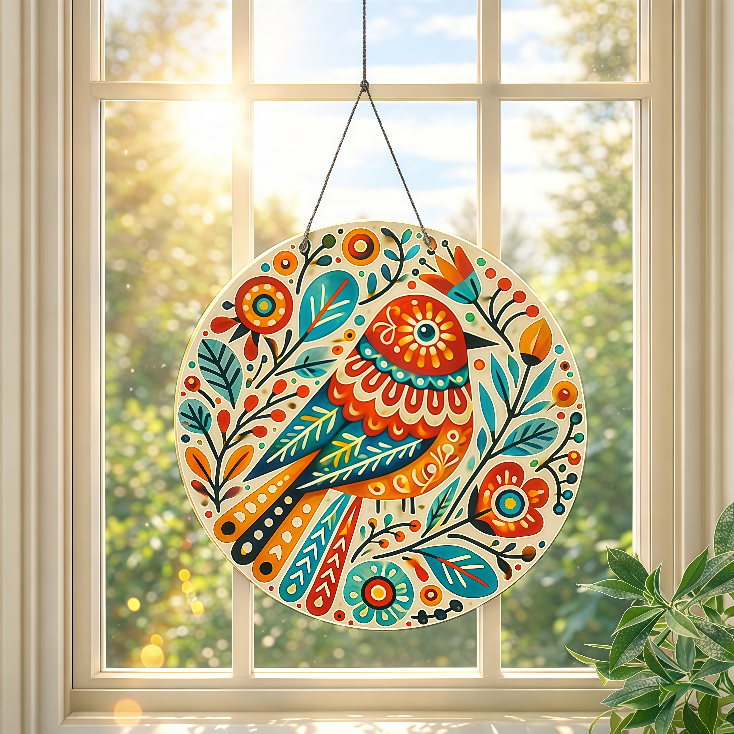 Folk Art Colorful Bird Round Hanging Wall Decor