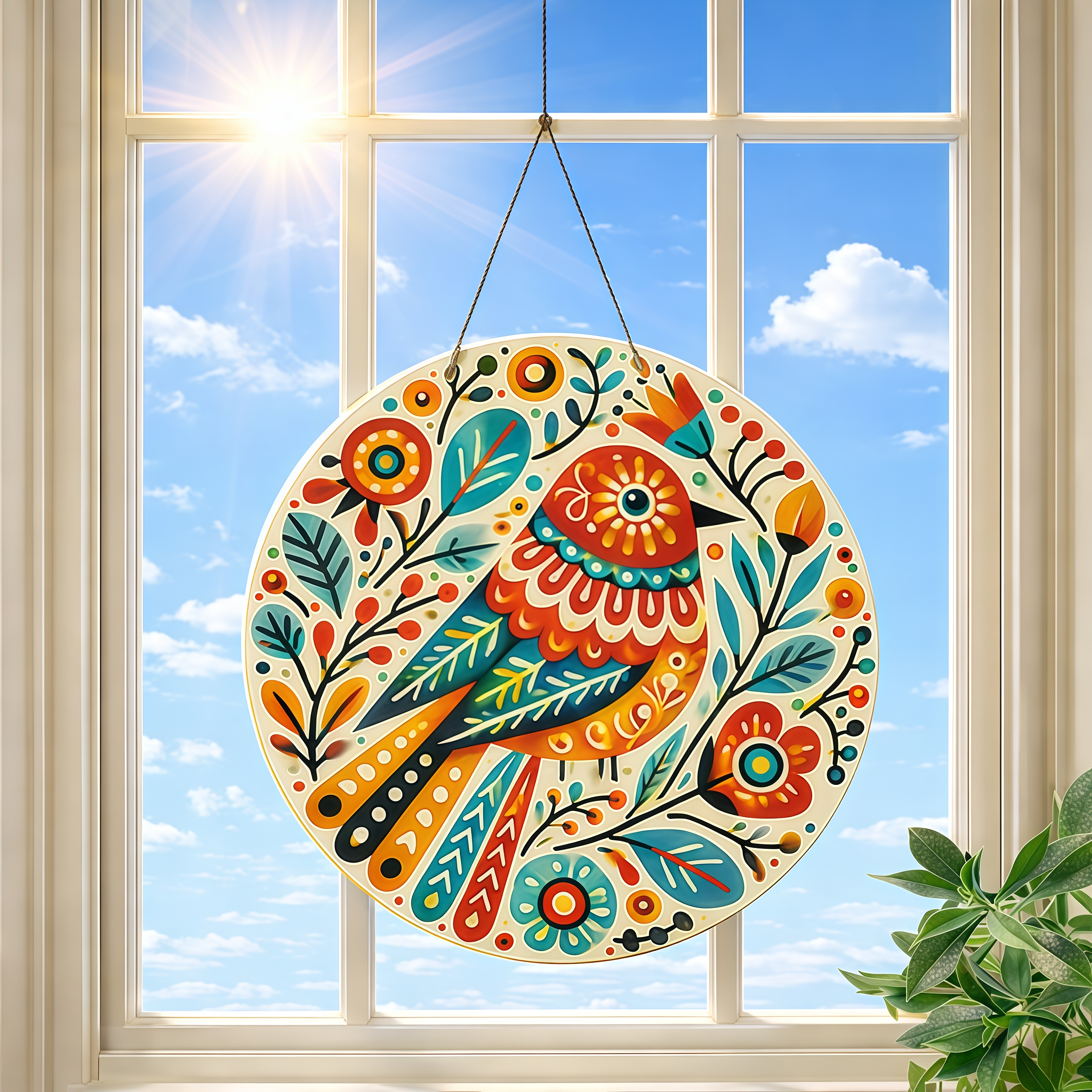 Folk Art Colorful Bird Round Hanging Wall Decor