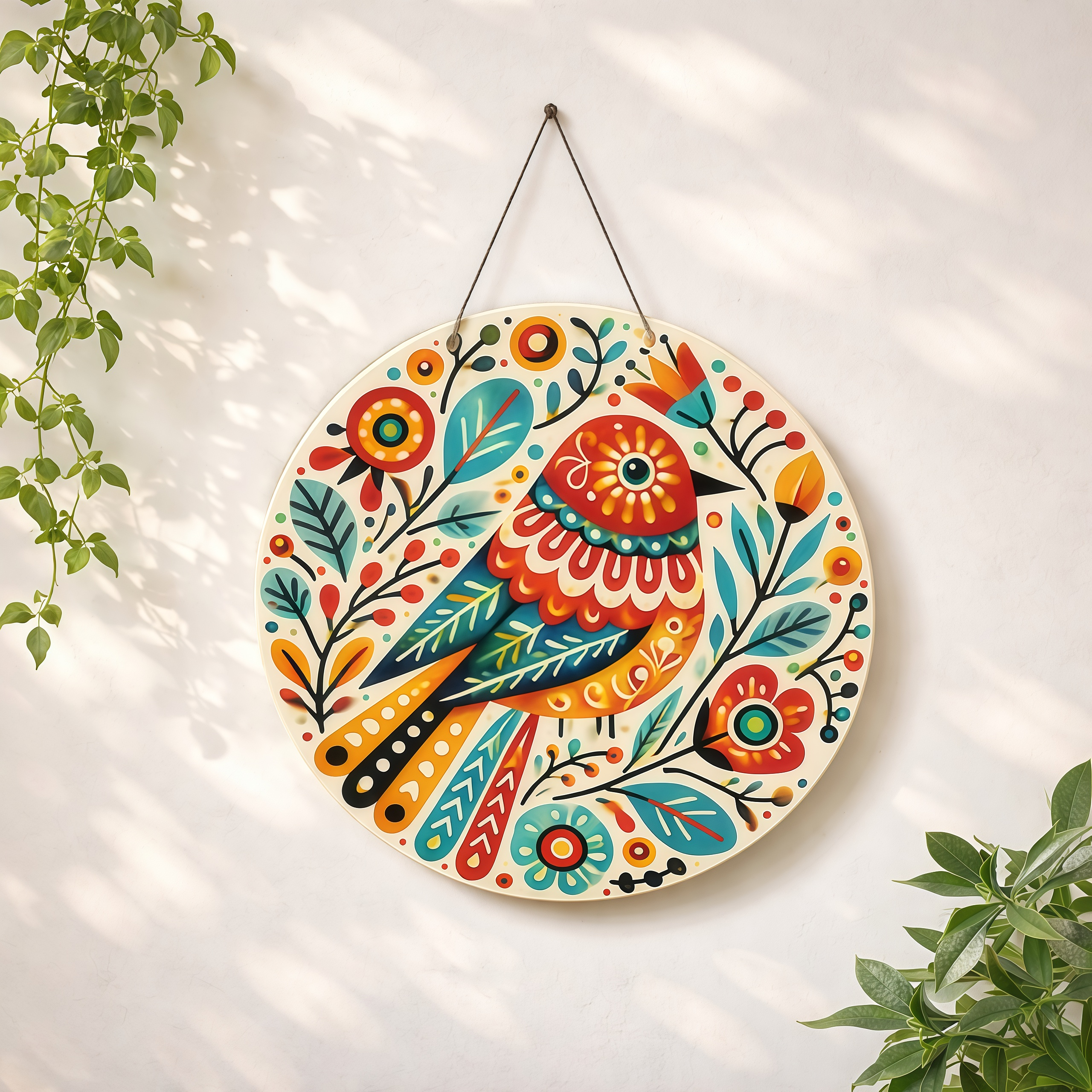 Folk Art Colorful Bird Round Hanging Wall Decor