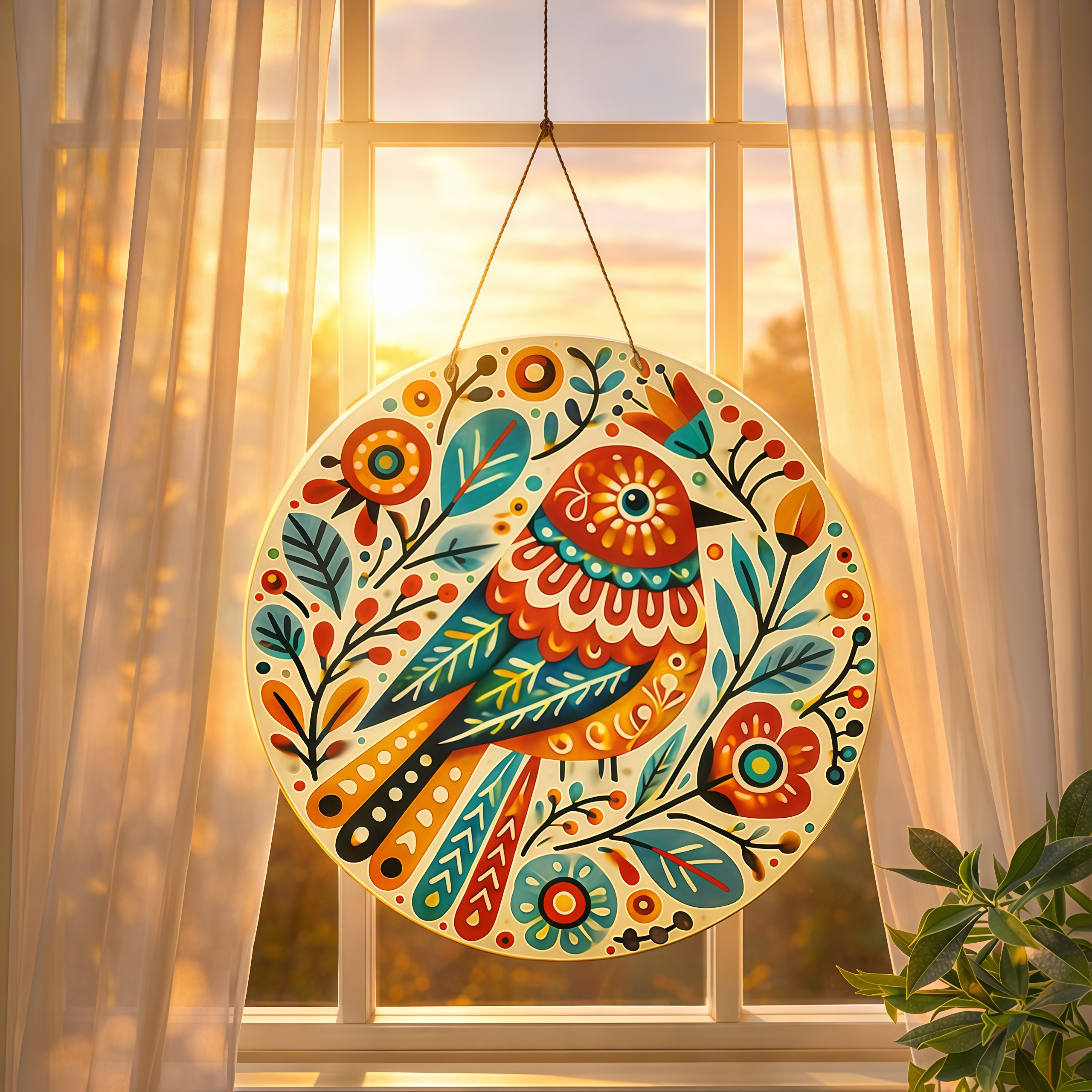 Folk Art Colorful Bird Round Hanging Wall Decor