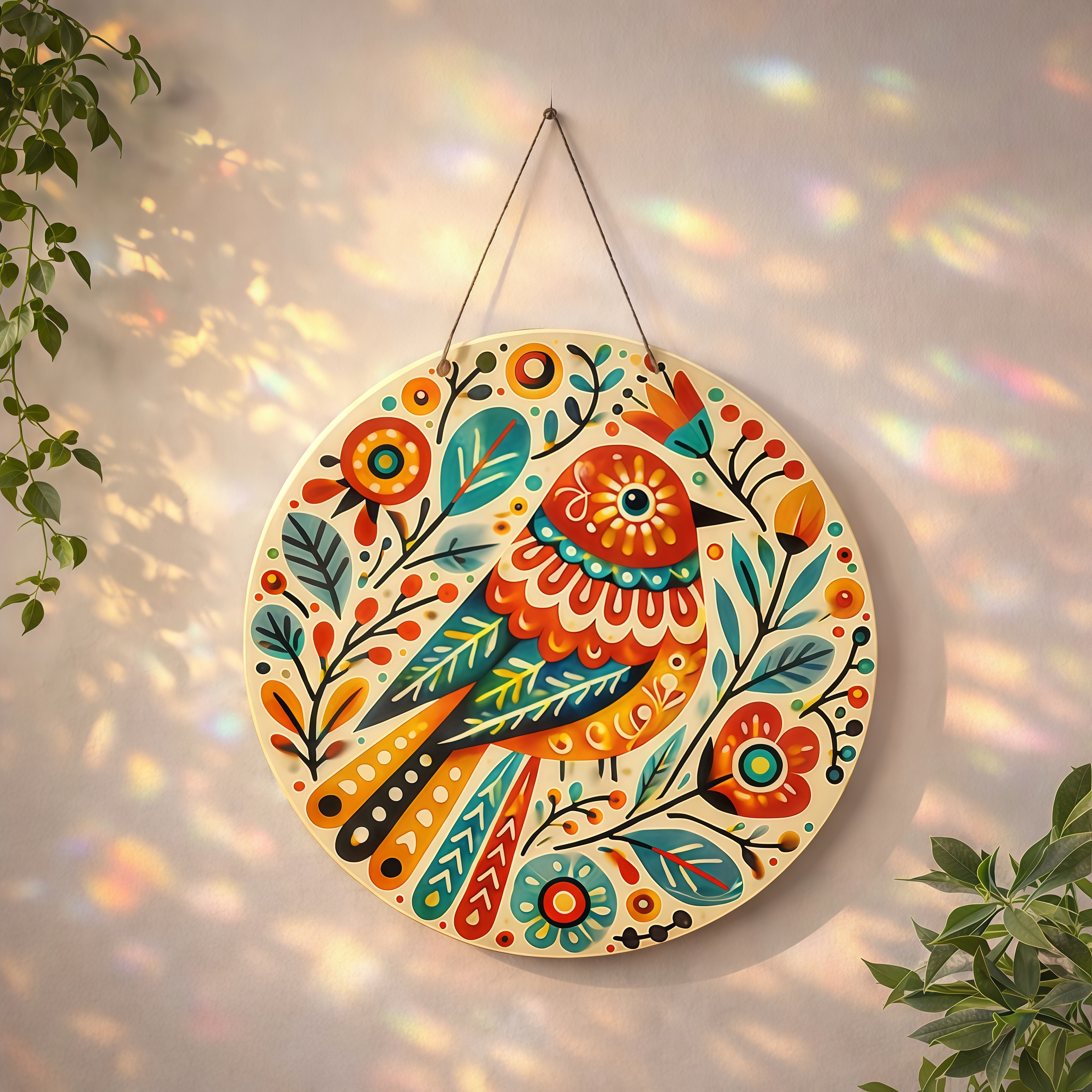 Folk Art Colorful Bird Round Hanging Wall Decor