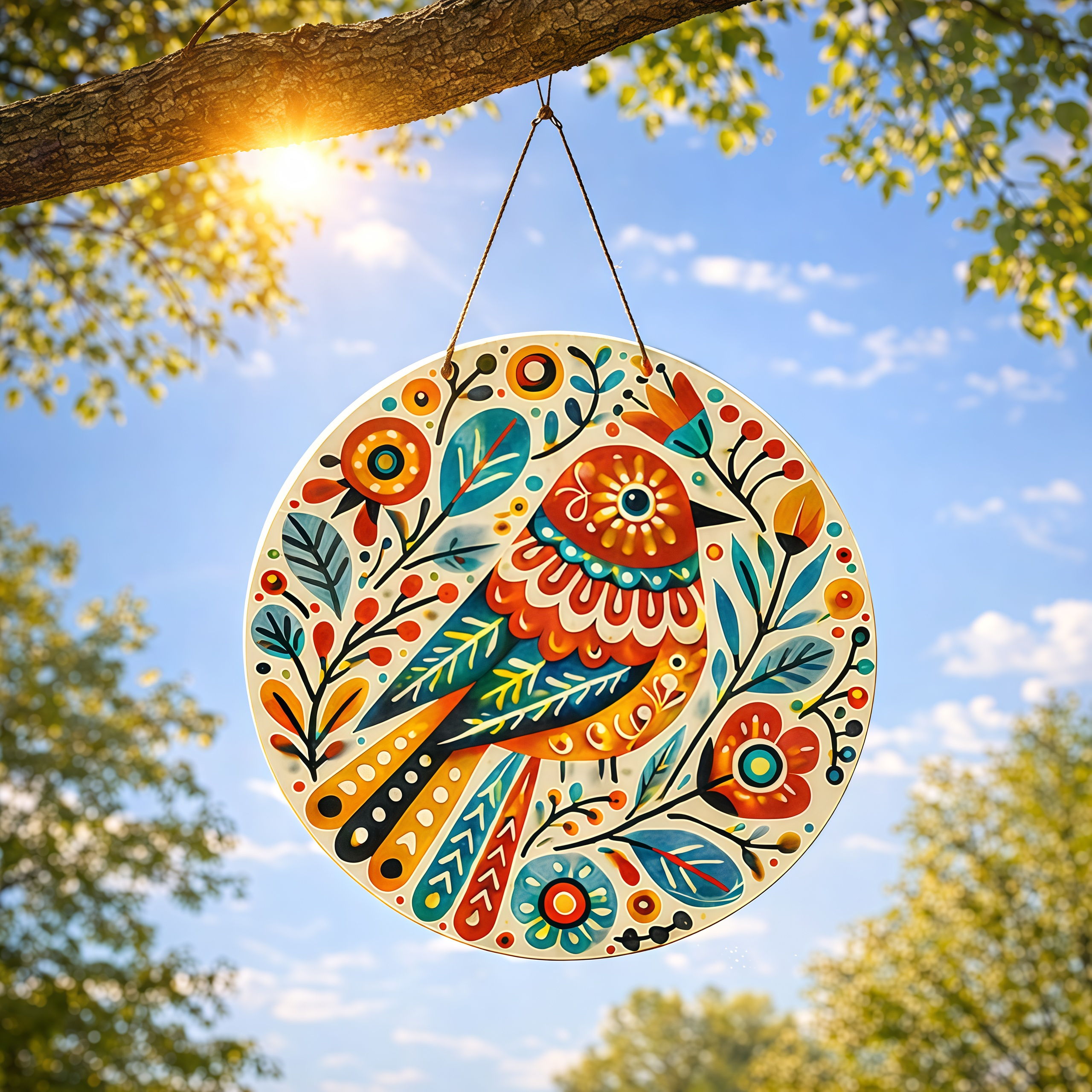 Folk Art Colorful Bird Round Hanging Wall Decor