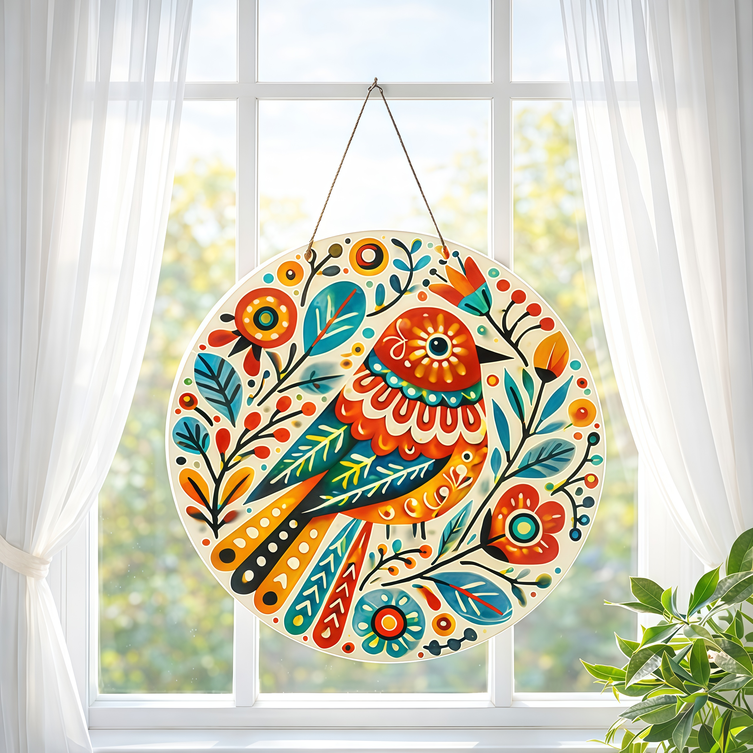 Folk Art Colorful Bird Round Hanging Wall Decor