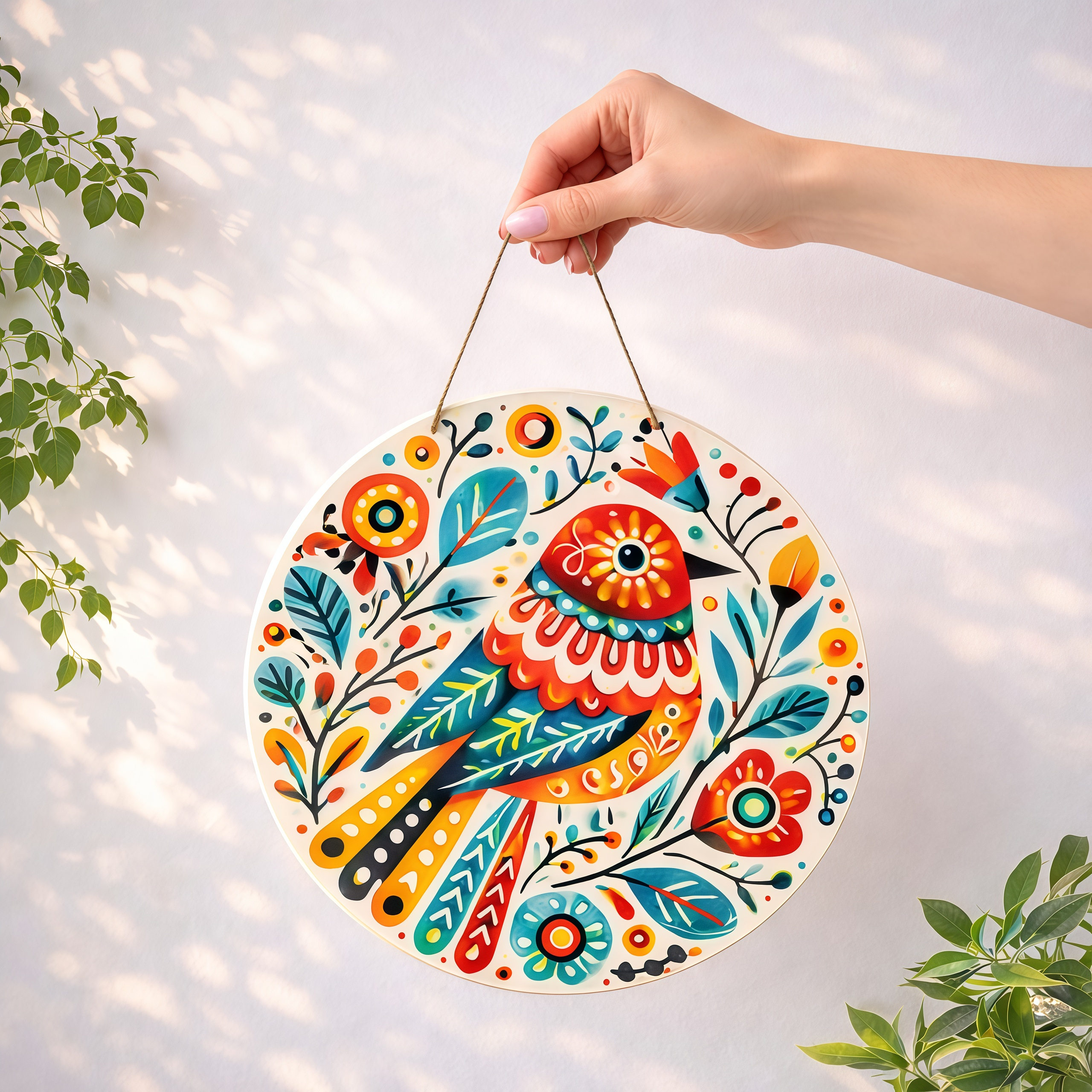 Folk Art Colorful Bird Round Hanging Wall Decor
