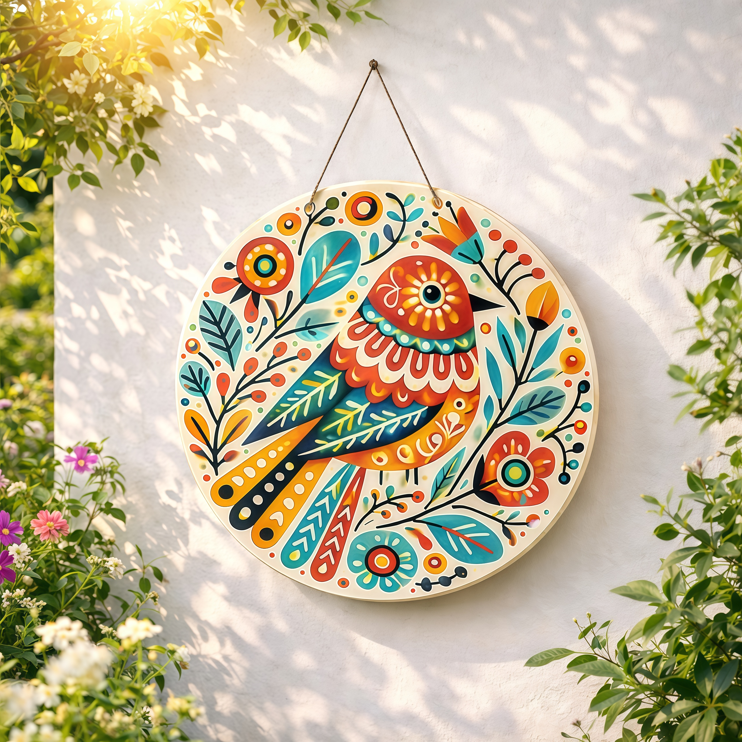 Folk Art Colorful Bird Round Hanging Wall Decor