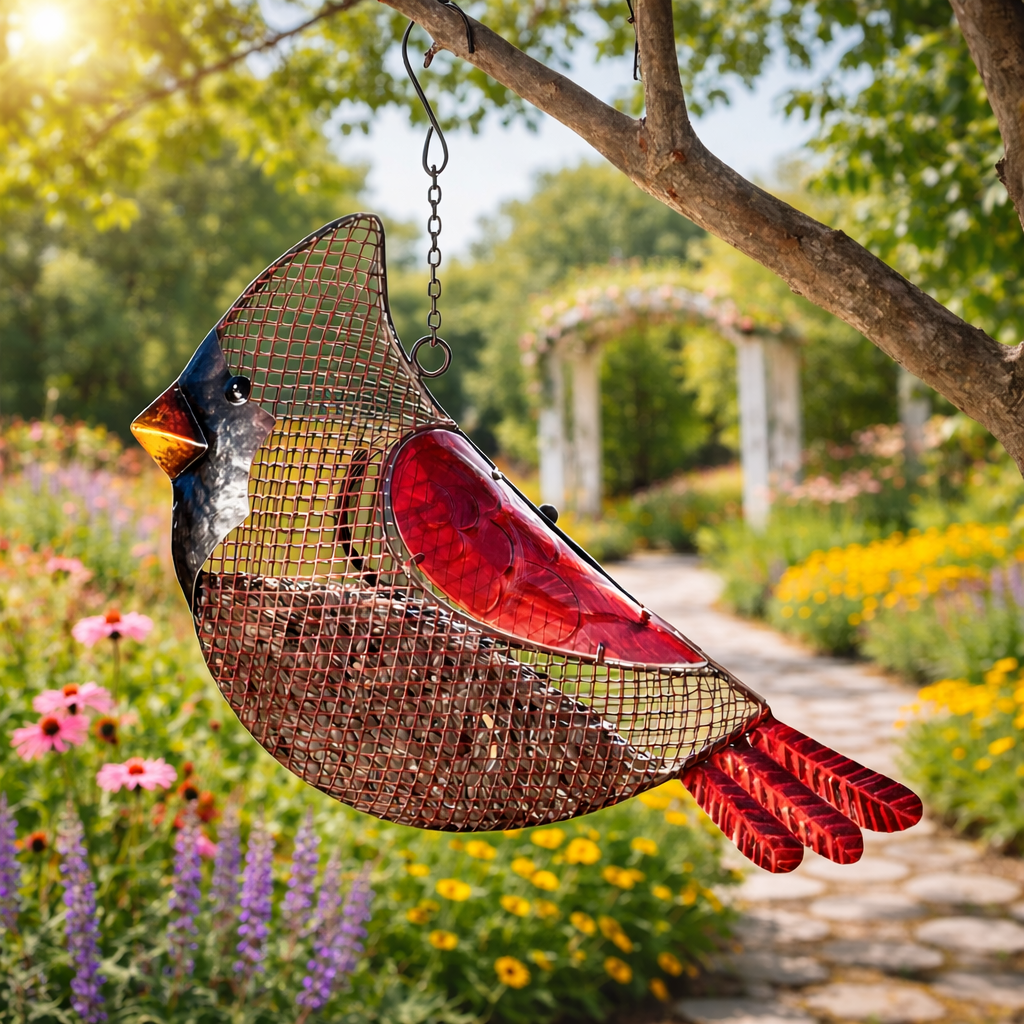 Metal Mesh Cardinal Wild Bird Feeder, Outdoor Hanging Bird Feeder