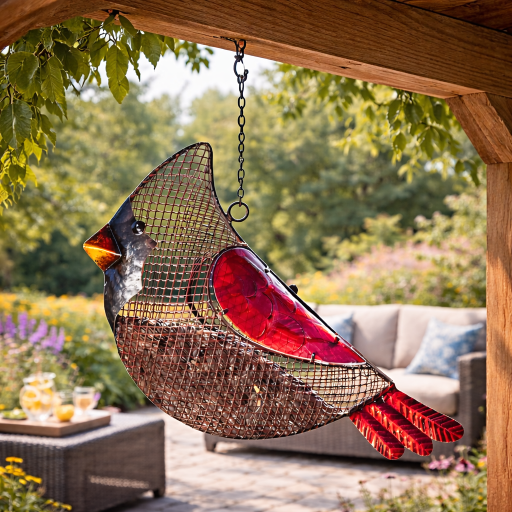 Metal Mesh Cardinal Wild Bird Feeder, Outdoor Hanging Bird Feeder