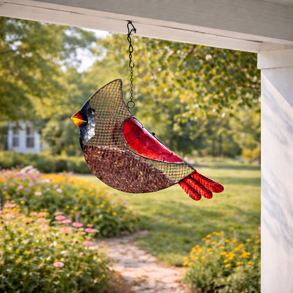 Metal Mesh Cardinal Wild Bird Feeder, Outdoor Hanging Bird Feeder