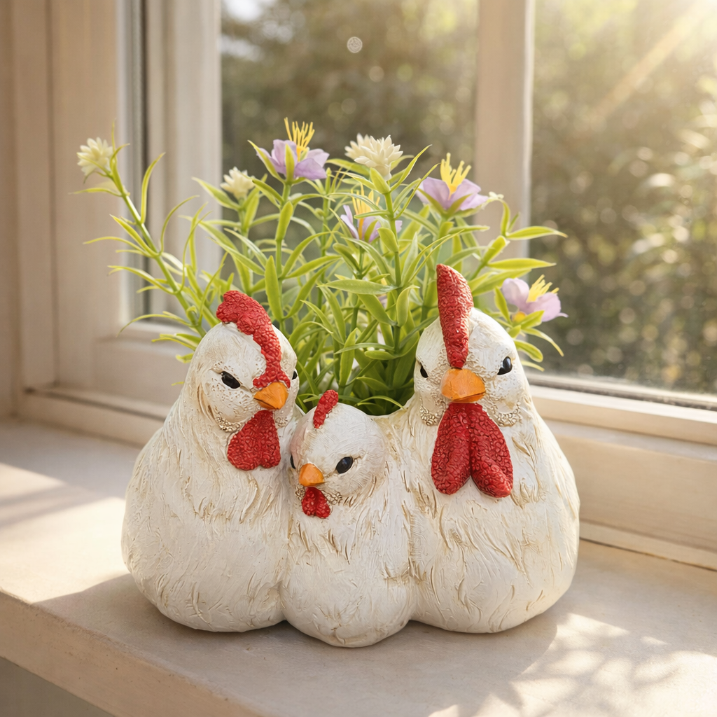 Chicken Family Planter Resin Farmhouse Tabletop Decor