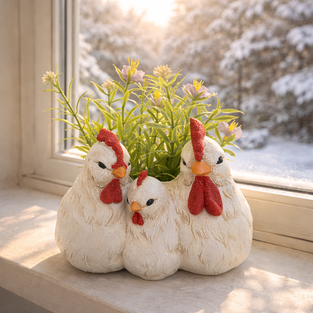 Chicken Family Planter Resin Farmhouse Tabletop Decor