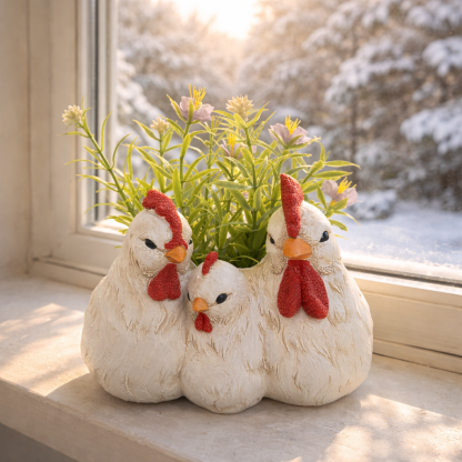 Chicken Family Planter Resin Farmhouse Tabletop Decor
