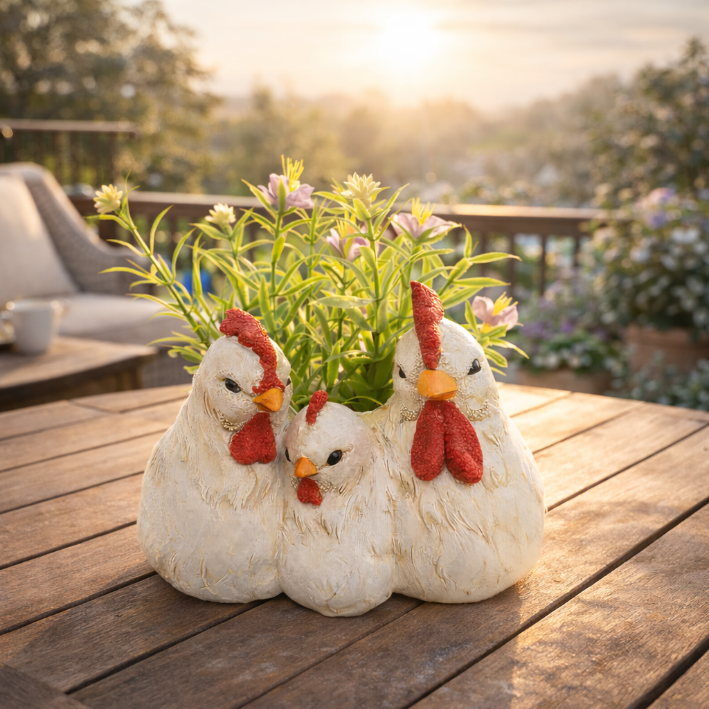Chicken Family Planter Resin Farmhouse Tabletop Decor