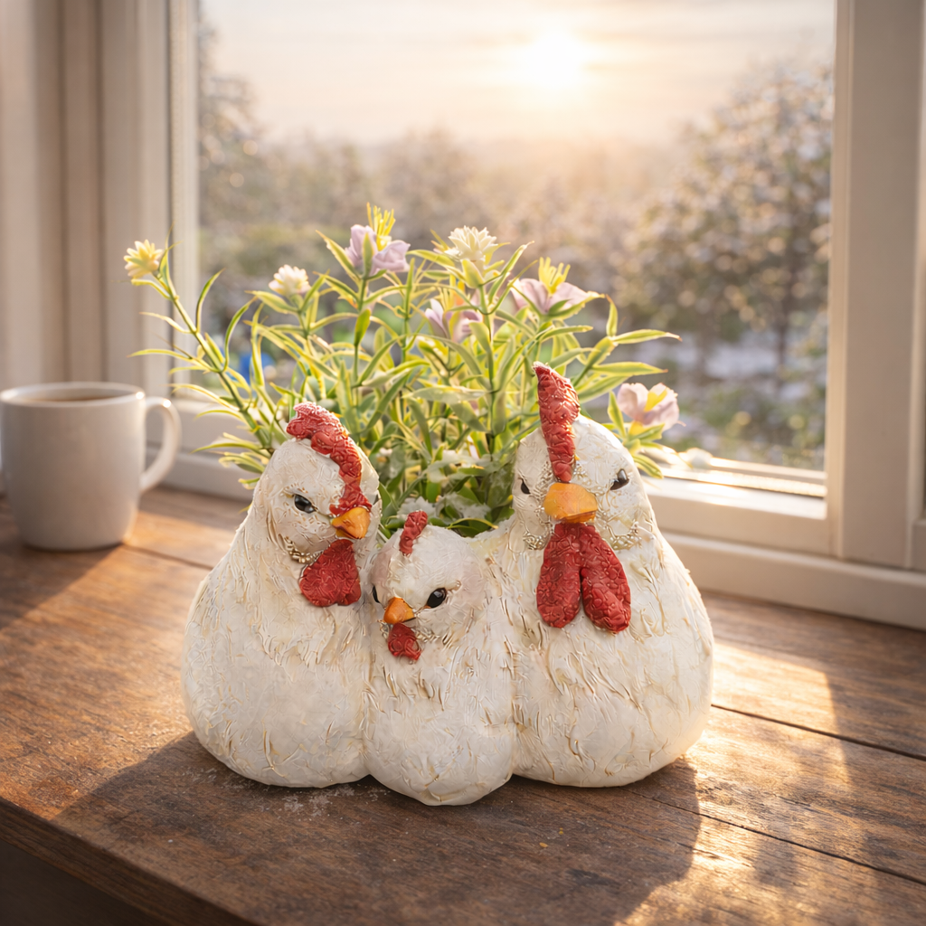 Chicken Family Planter Resin Farmhouse Tabletop Decor