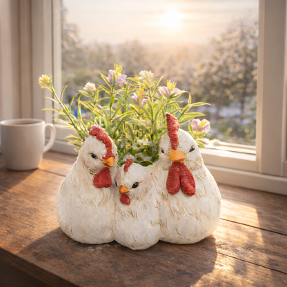Chicken Family Planter Resin Farmhouse Tabletop Decor