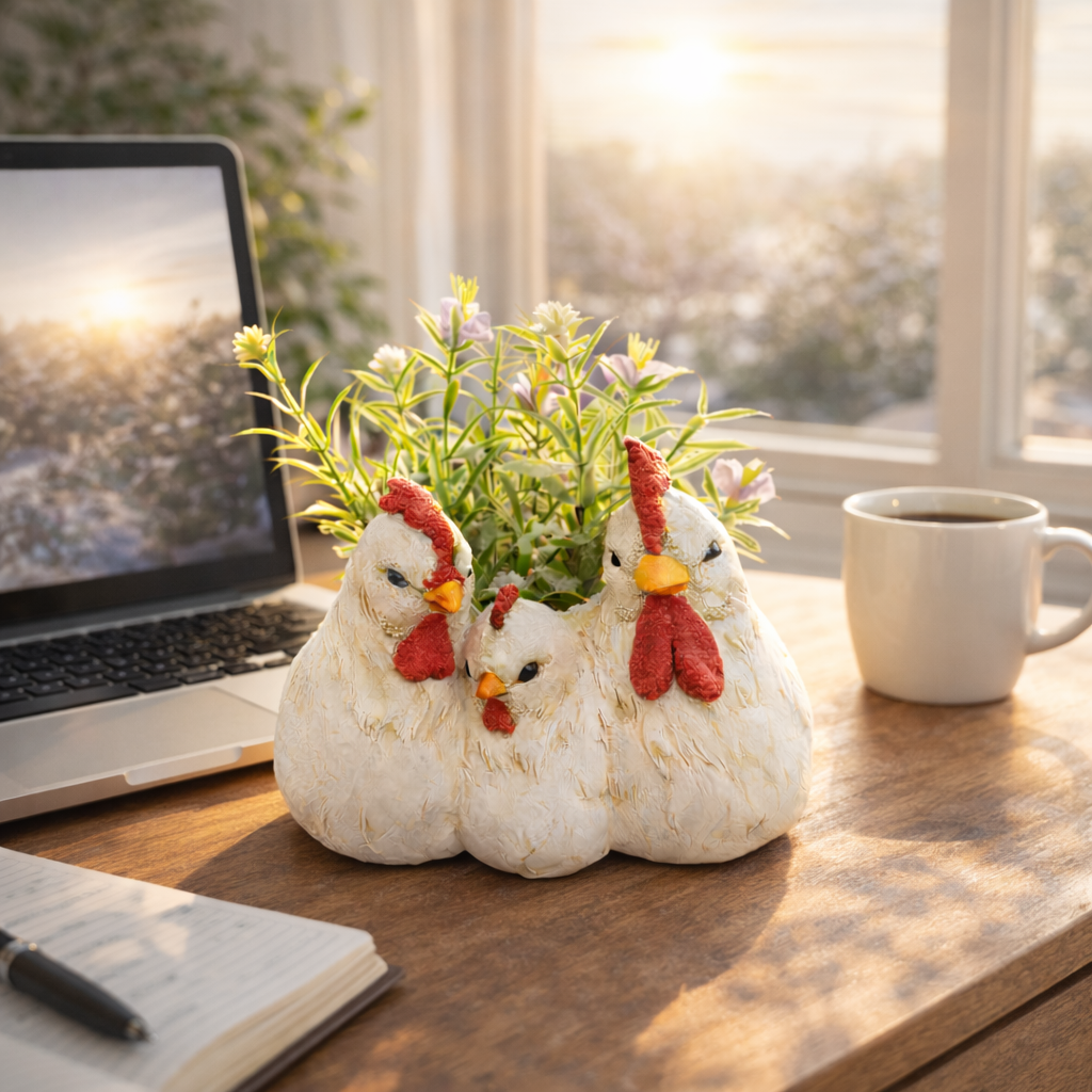 Chicken Family Planter Resin Farmhouse Tabletop Decor