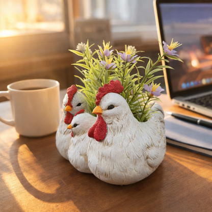 Chicken Family Planter Resin Farmhouse Tabletop Decor