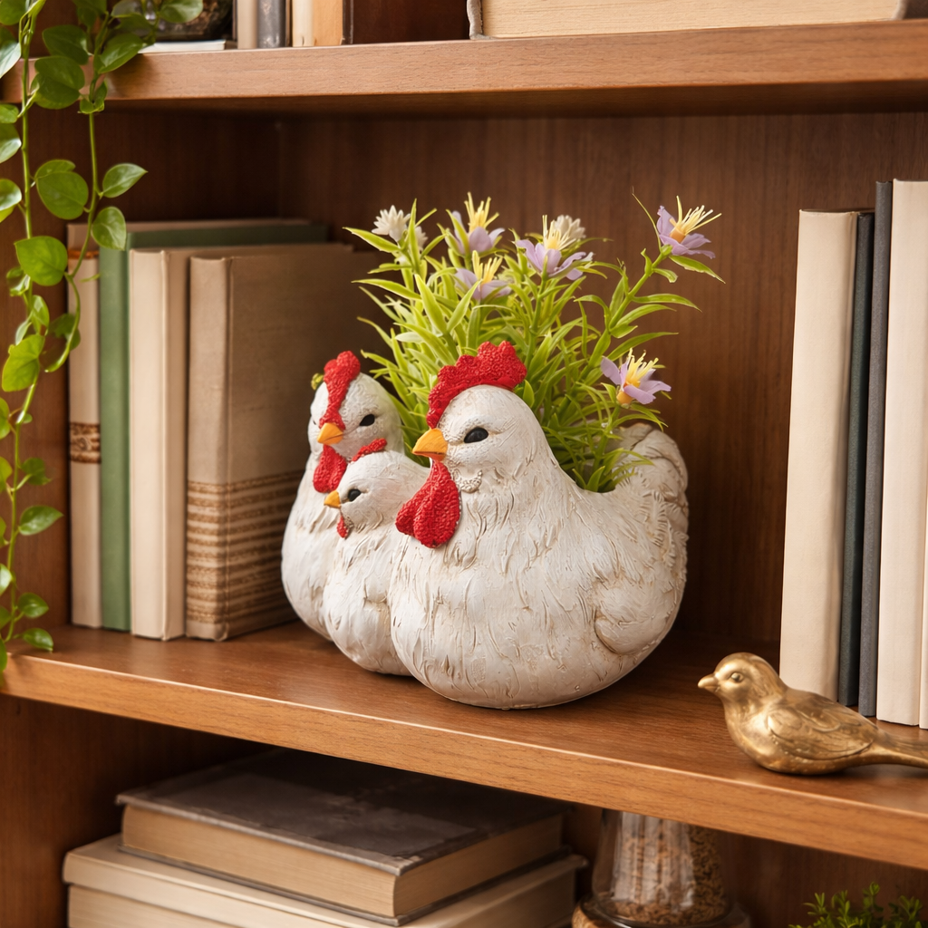 Chicken Family Planter Resin Farmhouse Tabletop Decor