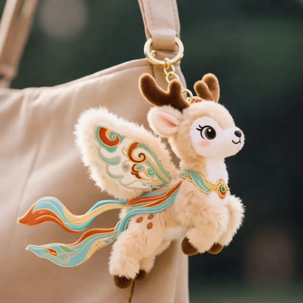 Plush Flying Cat & Nine-Color Deer Keychain with Embroidered Wings