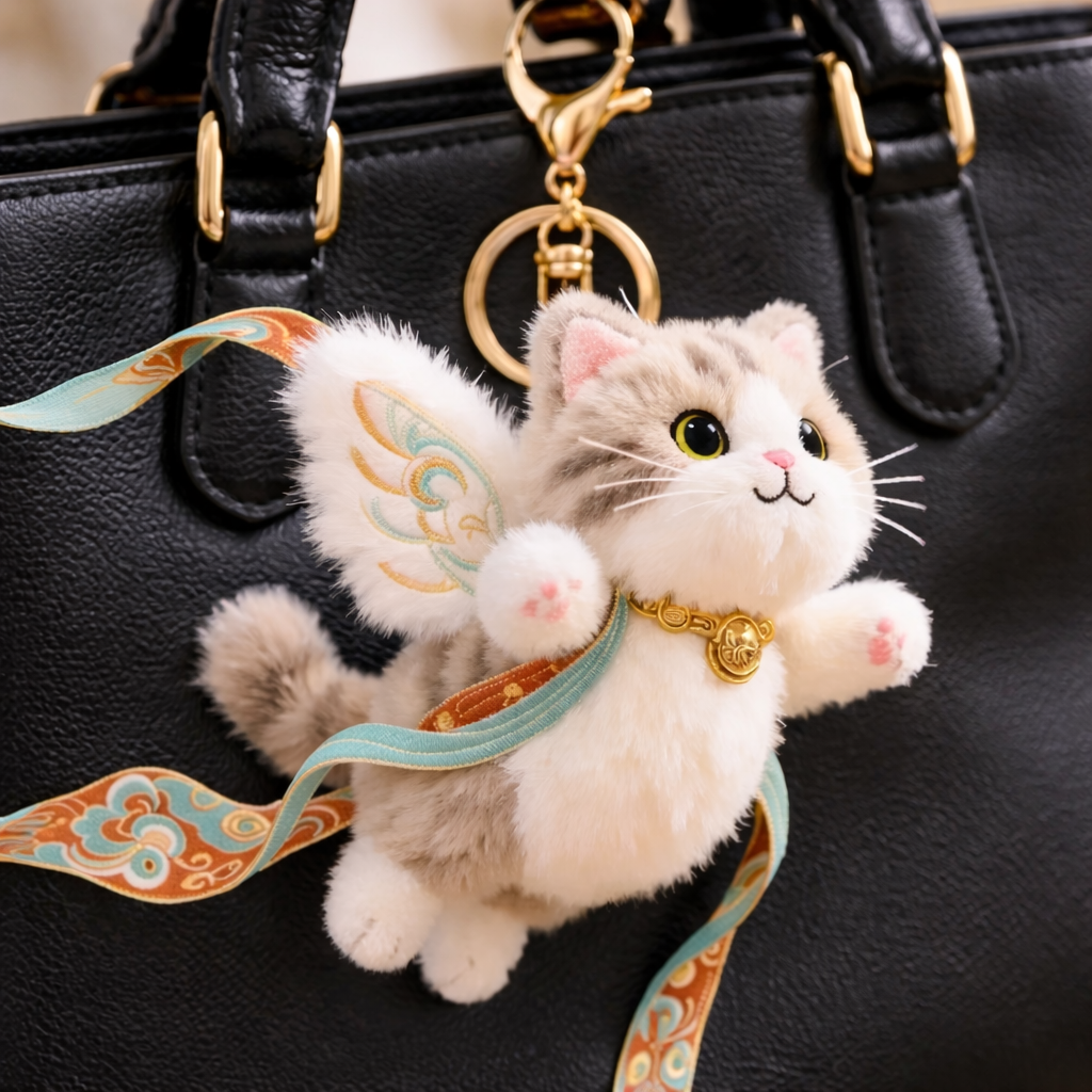Plush Flying Cat & Nine-Color Deer Keychain with Embroidered Wings