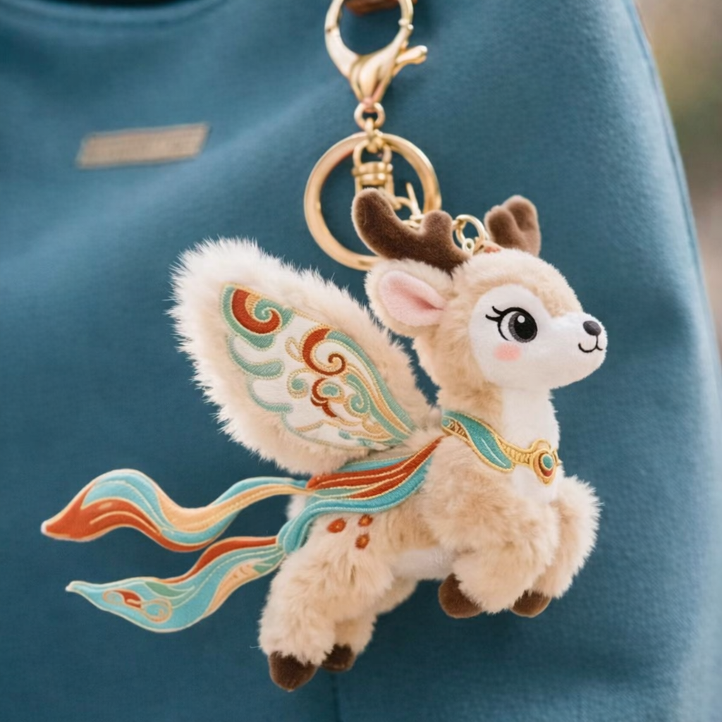 Plush Flying Cat & Nine-Color Deer Keychain with Embroidered Wings