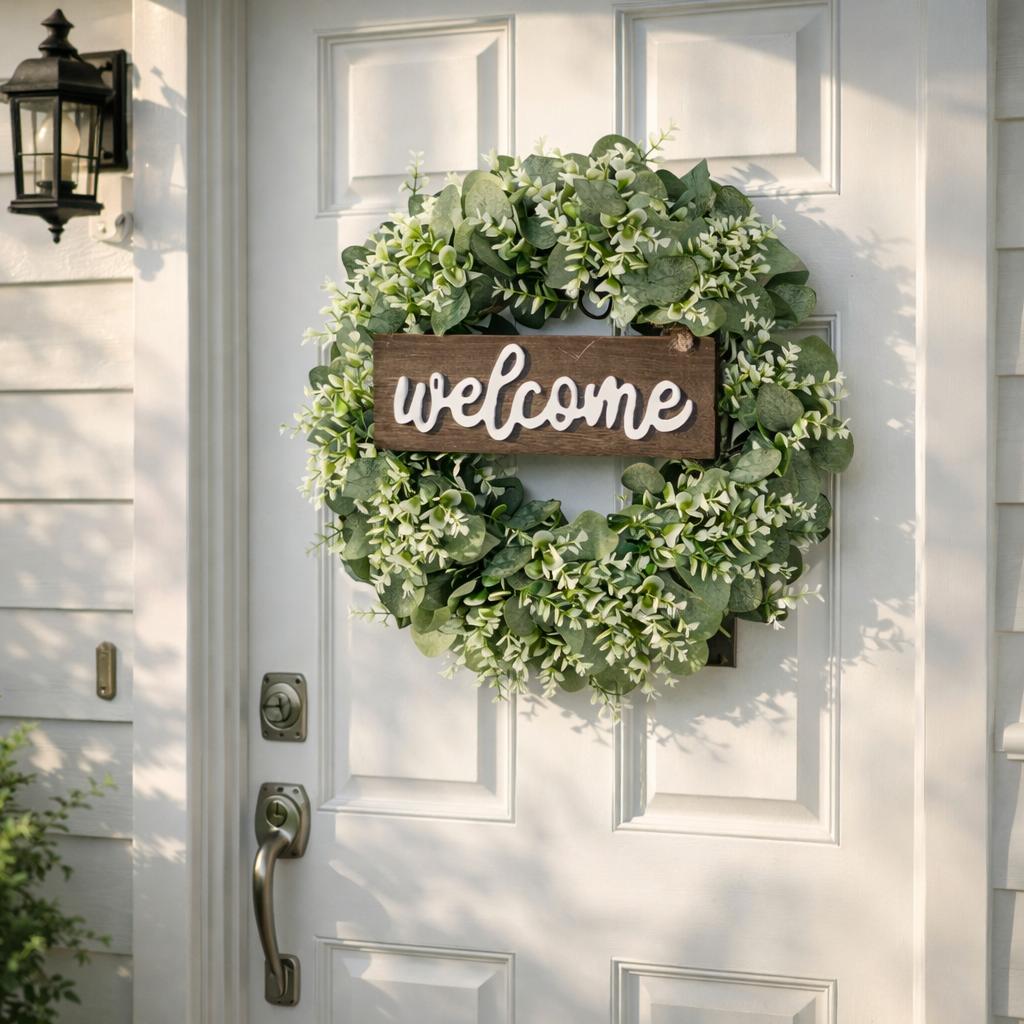 Artificial Eucalyptus Wreath with Wooden Welcome Sign