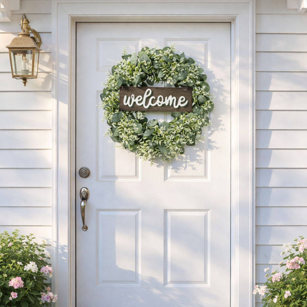 Artificial Eucalyptus Wreath with Wooden Welcome Sign