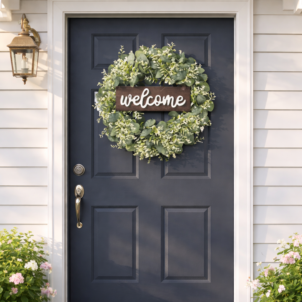 Artificial Eucalyptus Wreath with Wooden Welcome Sign