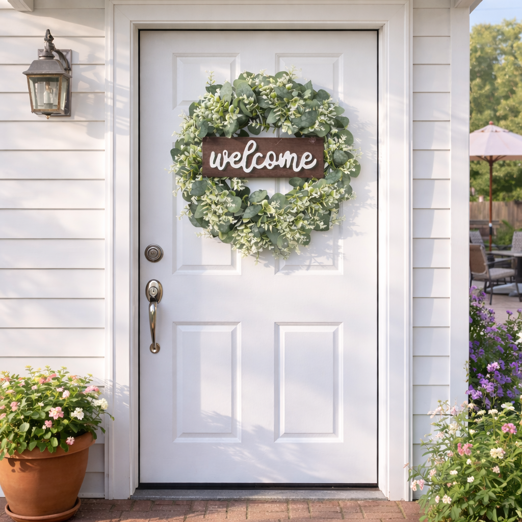 Artificial Eucalyptus Wreath with Wooden Welcome Sign