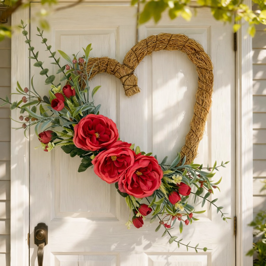Handmade Heart-Shaped Rattan Wreath with Silk Peony Flowers