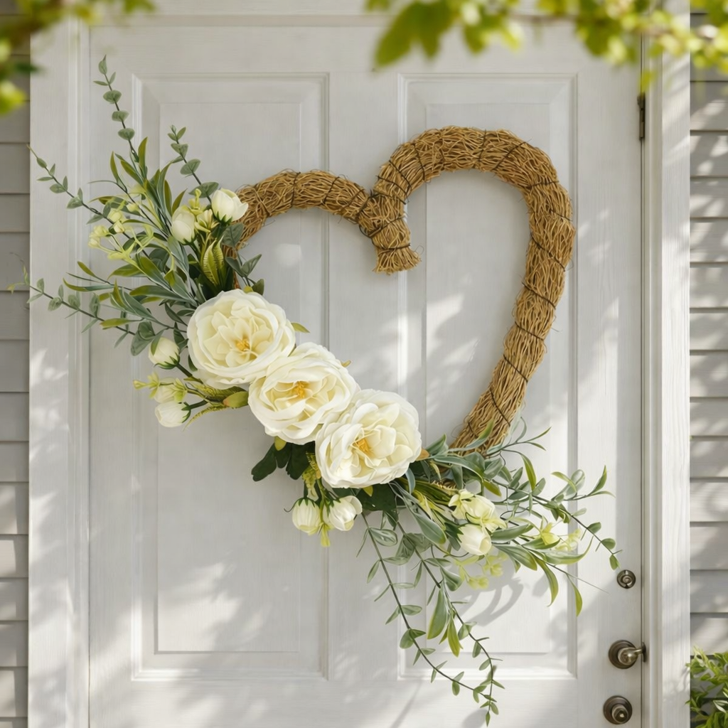 Handmade Heart-Shaped Rattan Wreath with Silk Peony Flowers