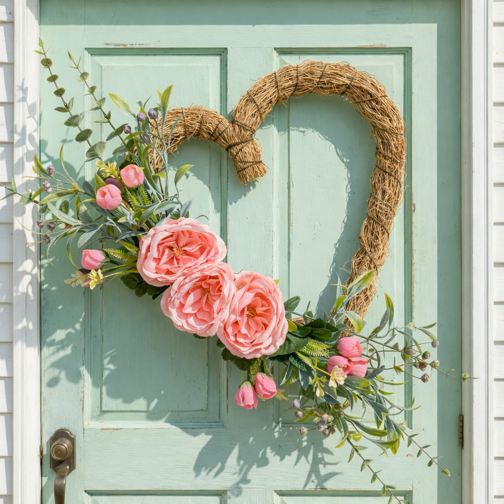 Handmade Heart-Shaped Rattan Wreath with Silk Peony Flowers